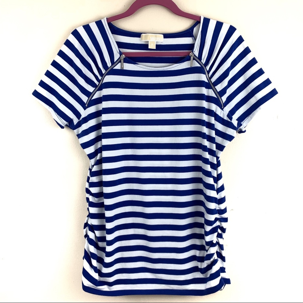 Michael Kors Gathered Striped Tee with Zippers XL